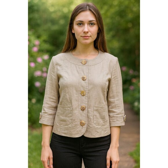 Marvin Richards Womens Tan Natural Linen Cropped Jacket Blazer Size M Vintage - Picture 1 of 15